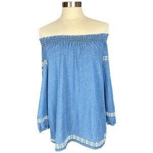 J.Jill Denim Top Womens Medium M boho flouncy hippie sexy chambray romantic poet